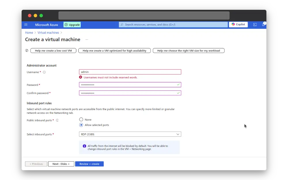 administrator setting win 11 vm on azure