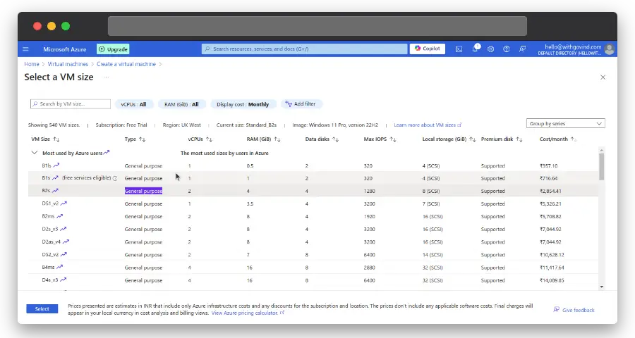 azure general purpose vm size