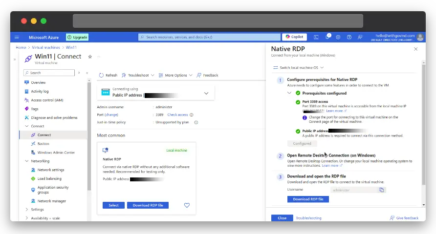 connect vm via RDP in azure