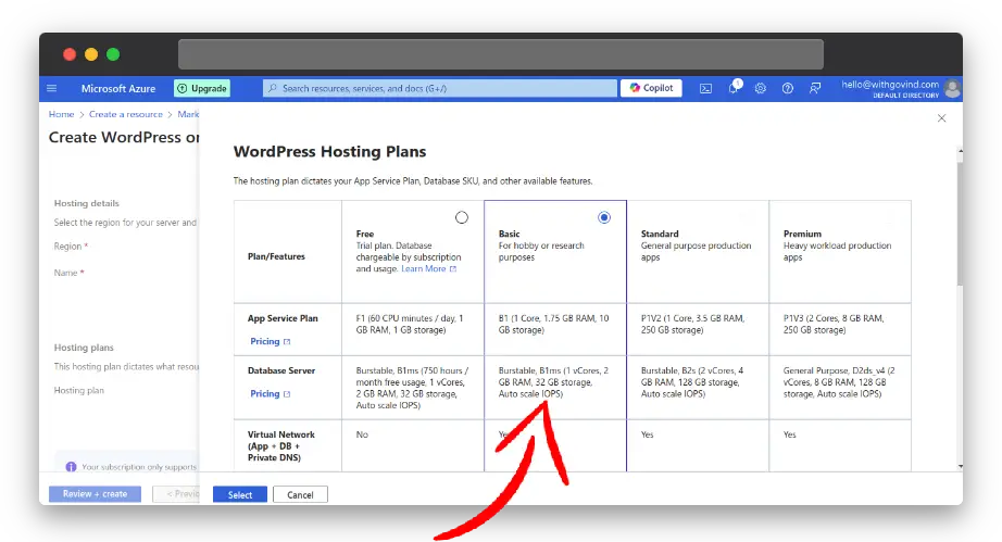 Select wordpress hosting plan on azure