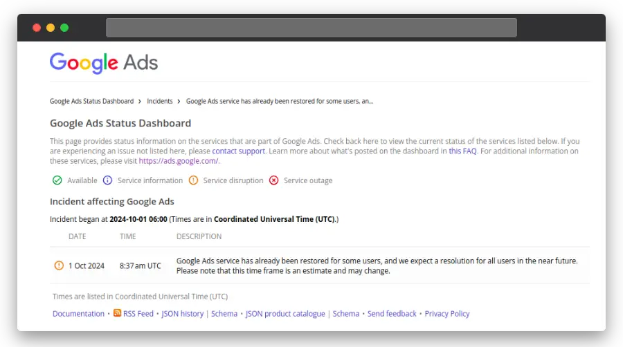 GoogleAds status dashboard